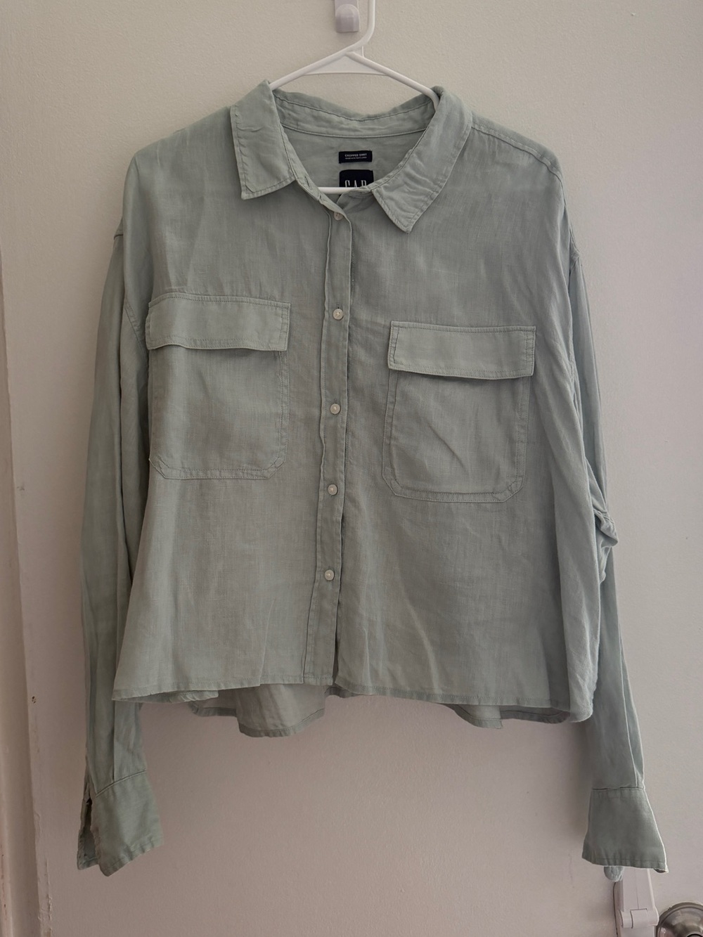 GAP Sage Green Cropped 100% Linen Button-Up XL